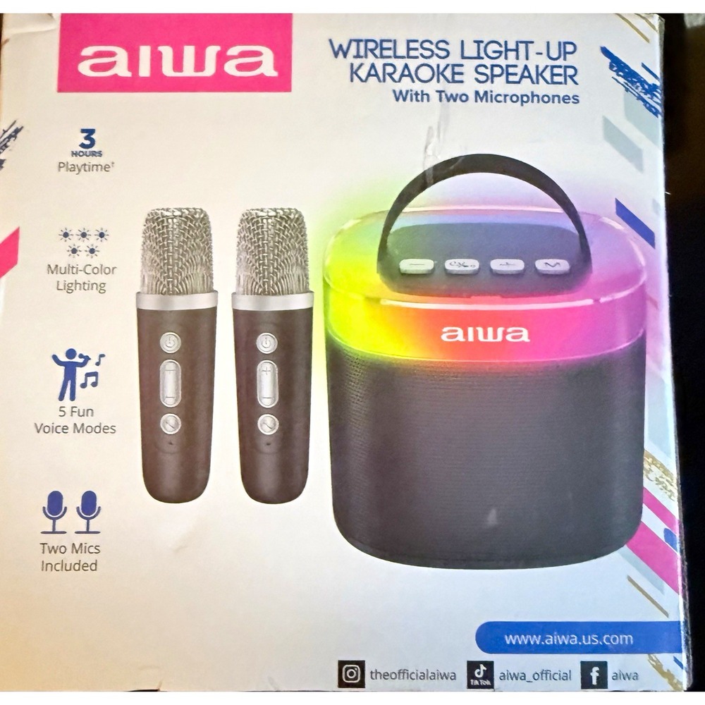 Aiwa Bluetooth Portable Light-Up Karaoke Speaker w/ 2 Microphones, Black